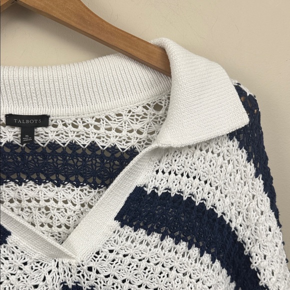 TALBOTS OPEN KNIT Striped Navy and White Women's Sweater with collar - Picture 4 of 14